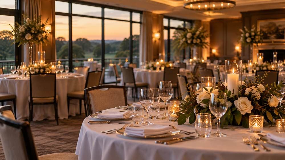 Function room set for an evening event (Bury Golf Club stand-in photograph; Link Golf venue photography pending)