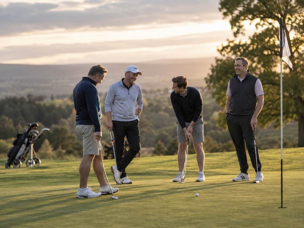 Group of golfers laughing on a green (Bury Golf Club stand-in photograph; Link Golf venue photography pending)